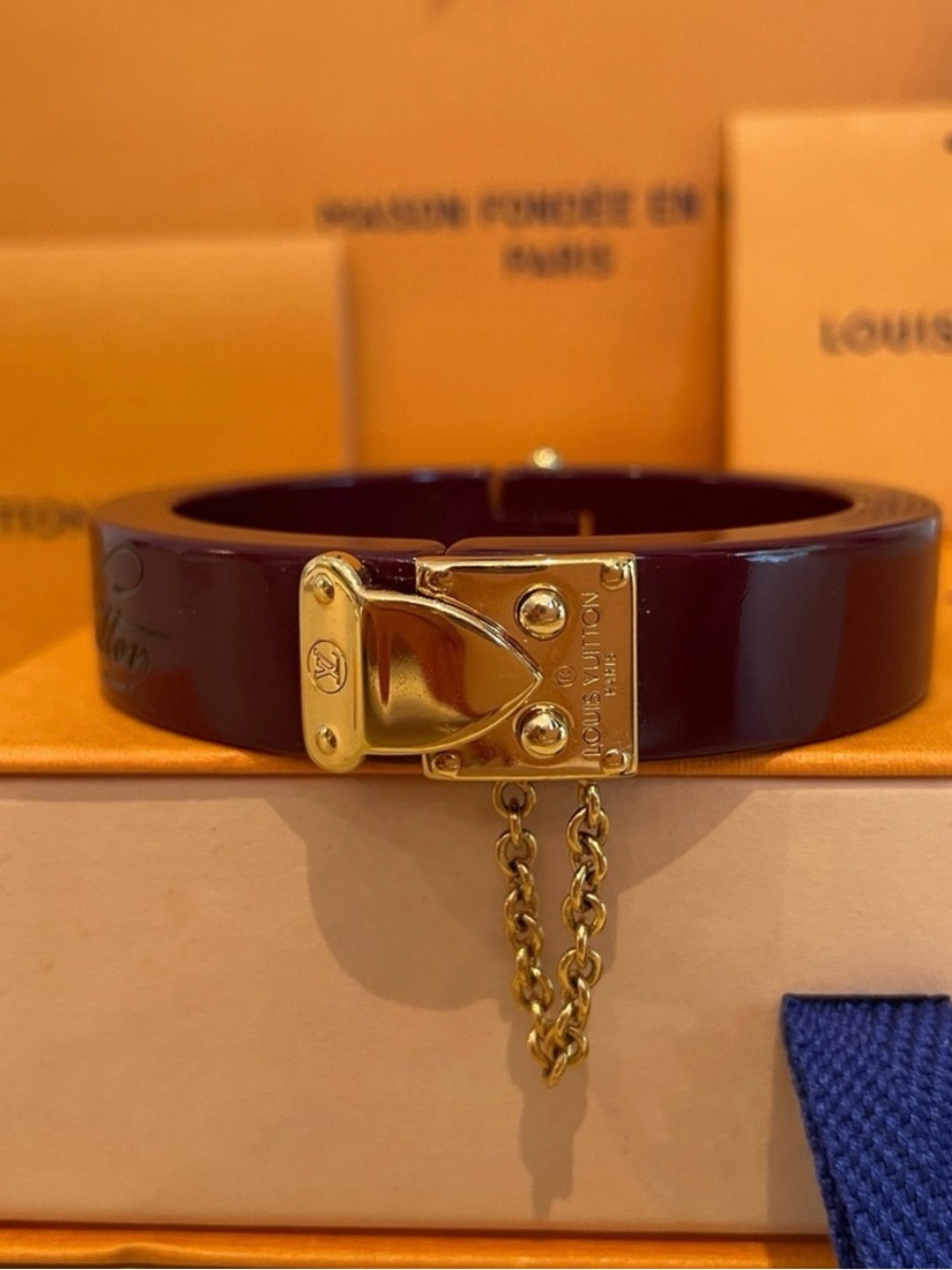 Louis Vuitton Burgundy Lock Me Bracelet with Plated Gold Lock